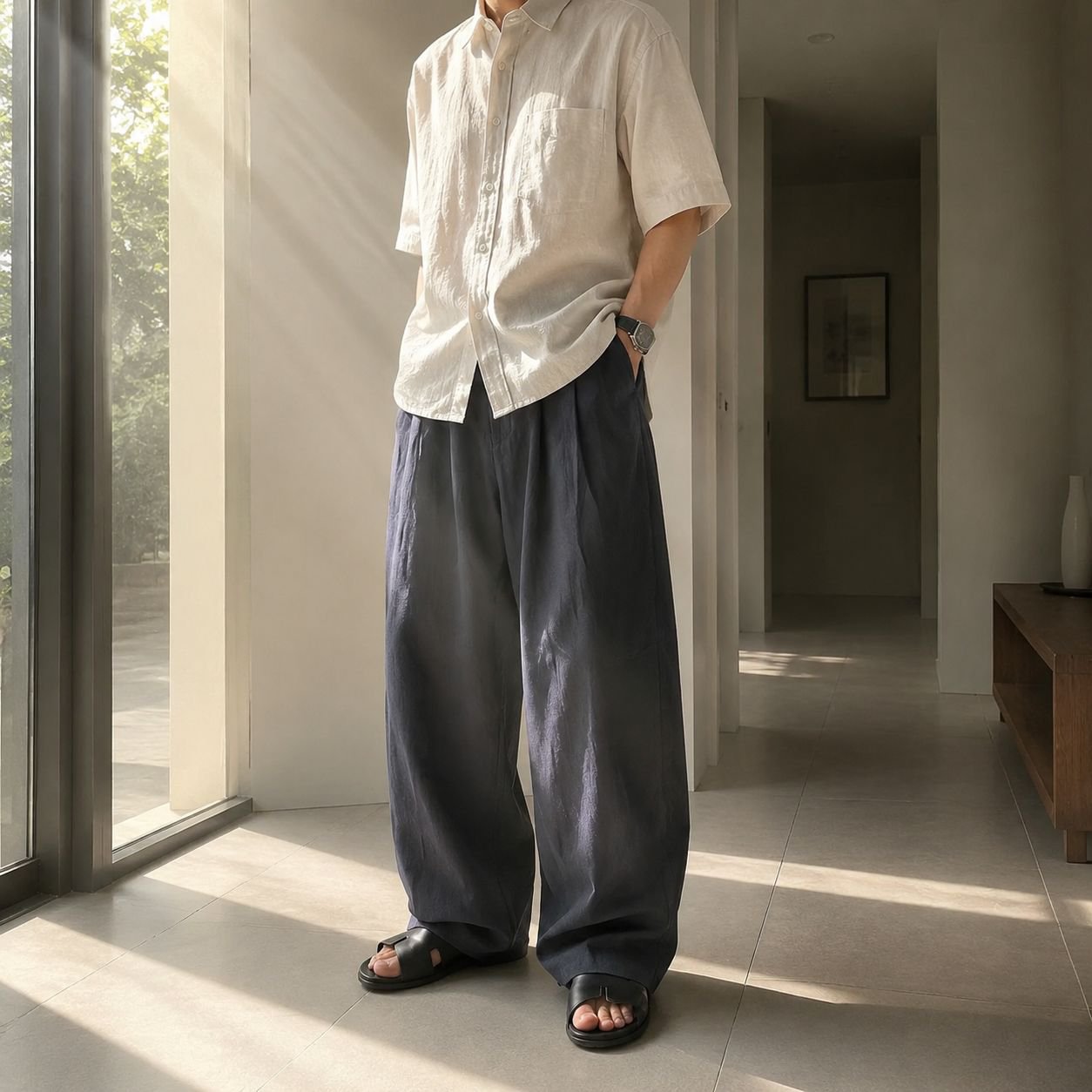 メンズ純リネン手作りストレートパンツ