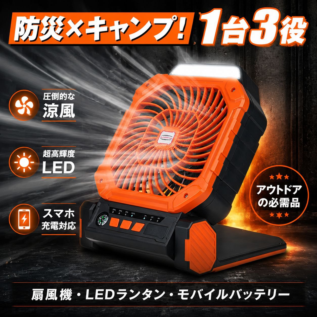 ソーラー充電式携帯ファン テント吊り下げLEDライト 夜釣りキャンプ多機能ライト