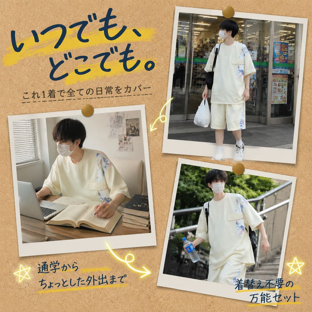 男子向けおしゃれ夏セット（半袖Tシャツ＋ショートパンツ）カジュアルスタイル