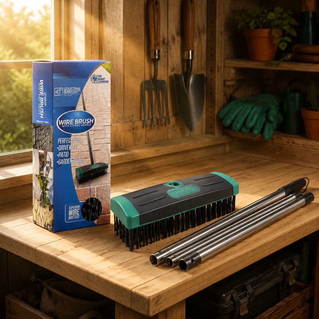 Rust-resistant moss removal brush for patios