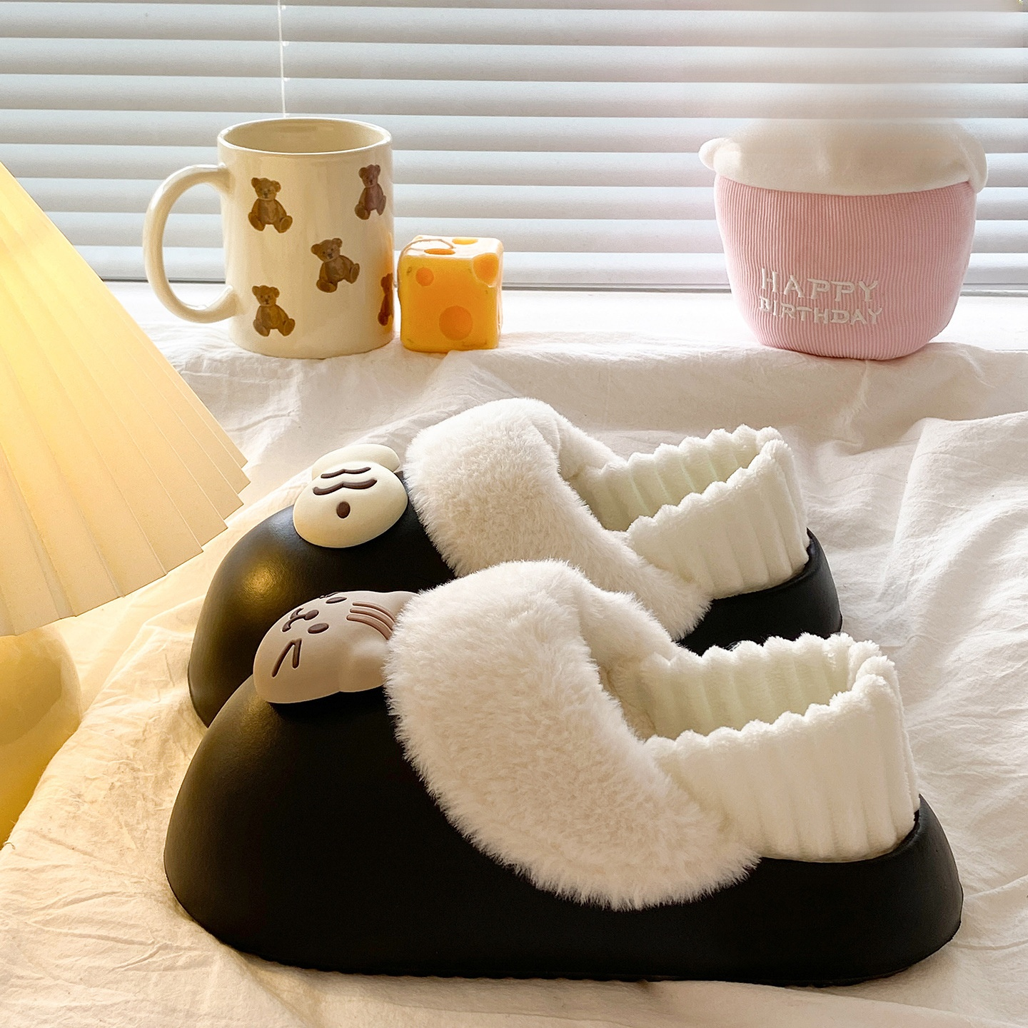 室内外両用猫デザインモコモコスリッパ 滑り止め加工