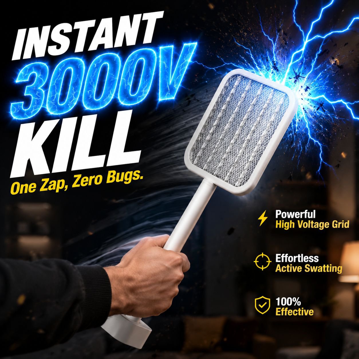 USB Rechargeable Foldable Mosquito Swatter with Lithium Battery and Standable Base