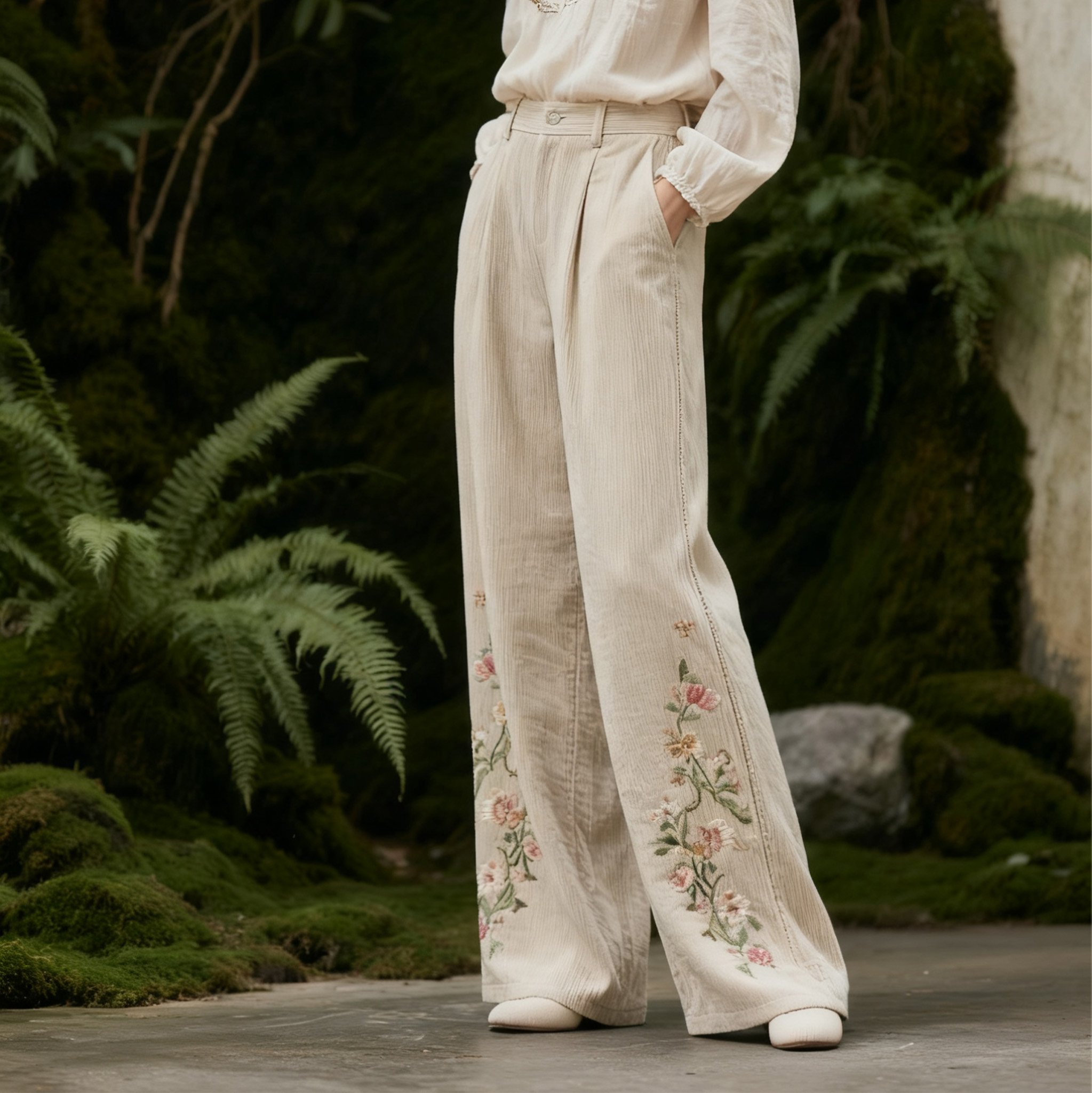 여성 자수 캐주얼 바지 전체 이미지