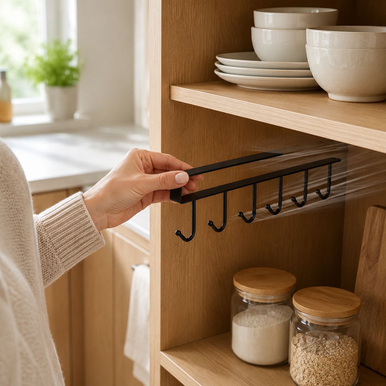 Multi-purpose hooks holding various items in wardrobe