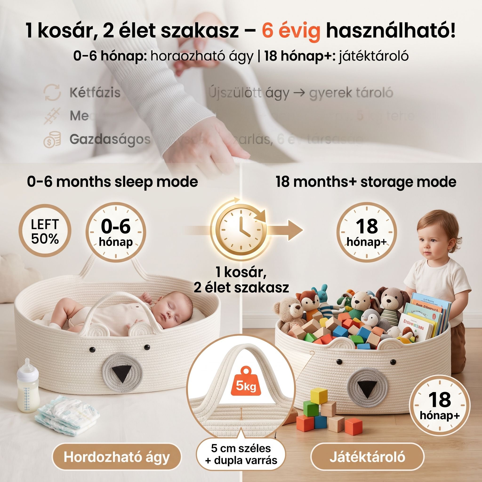 Baba pamutzsinórból font tárolókosár aranyos rajzfilm stílusú újszülött bölcső