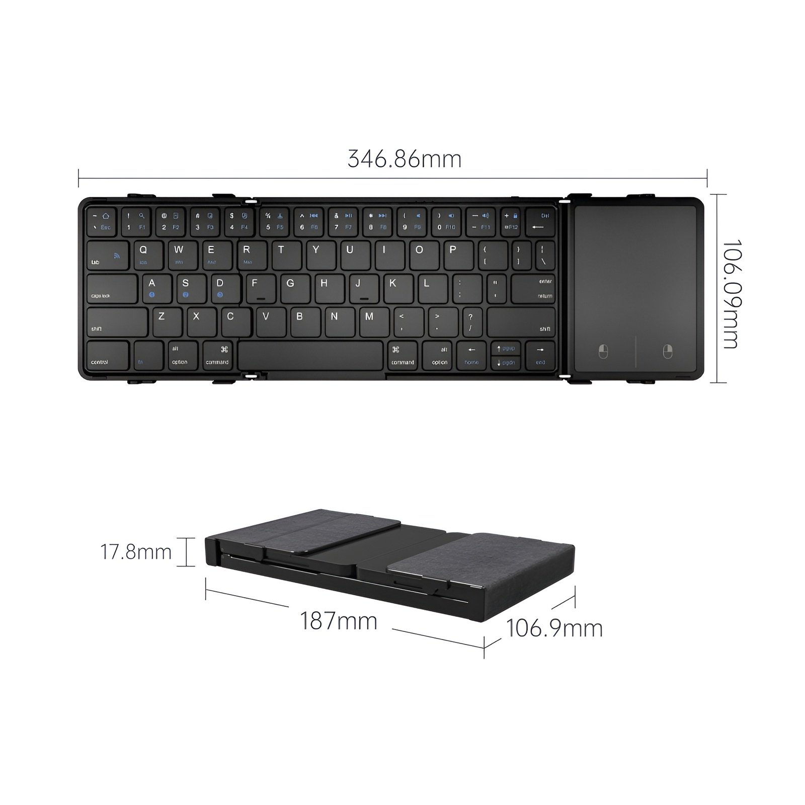 Teclado Bluetooth plegable doble con touchpad, conectable a laptop, tablet y móvil