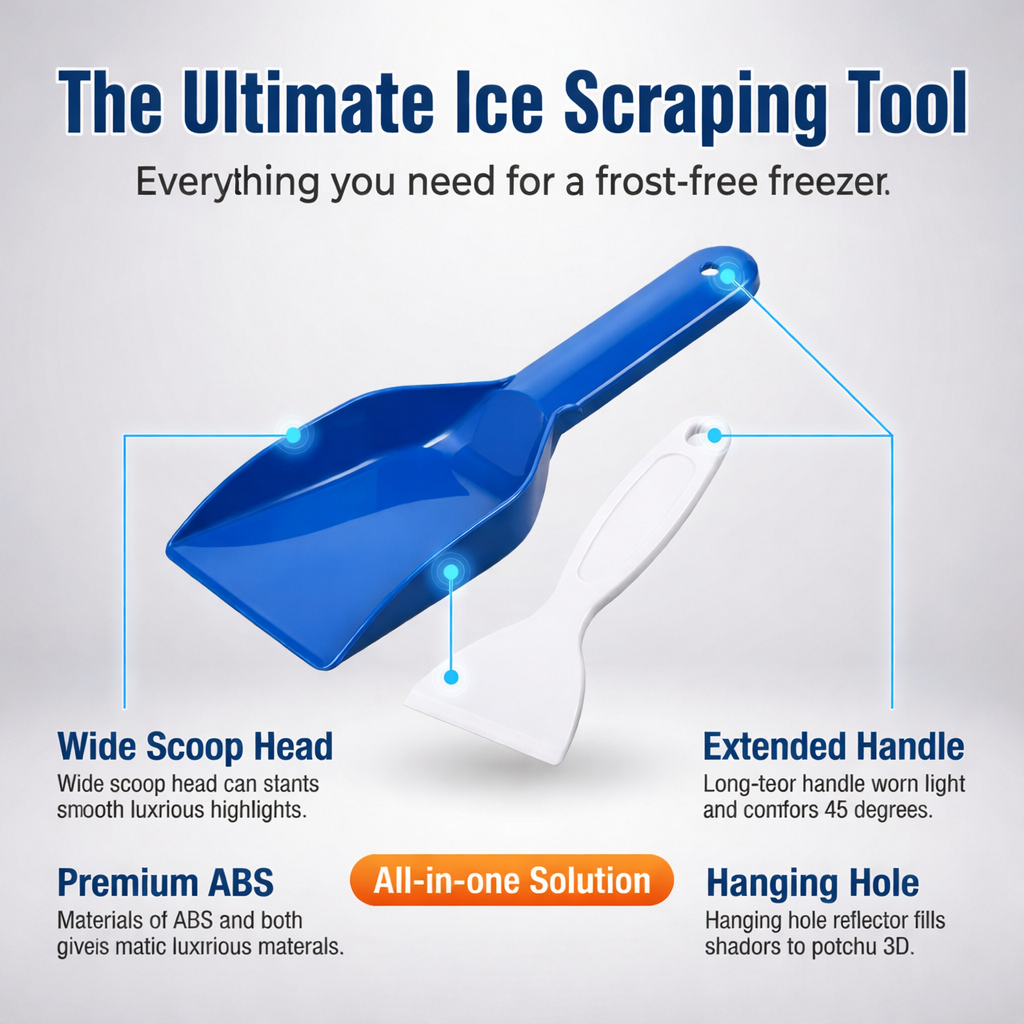 Refrigerator defrosting scraper removing ice from freezer wall