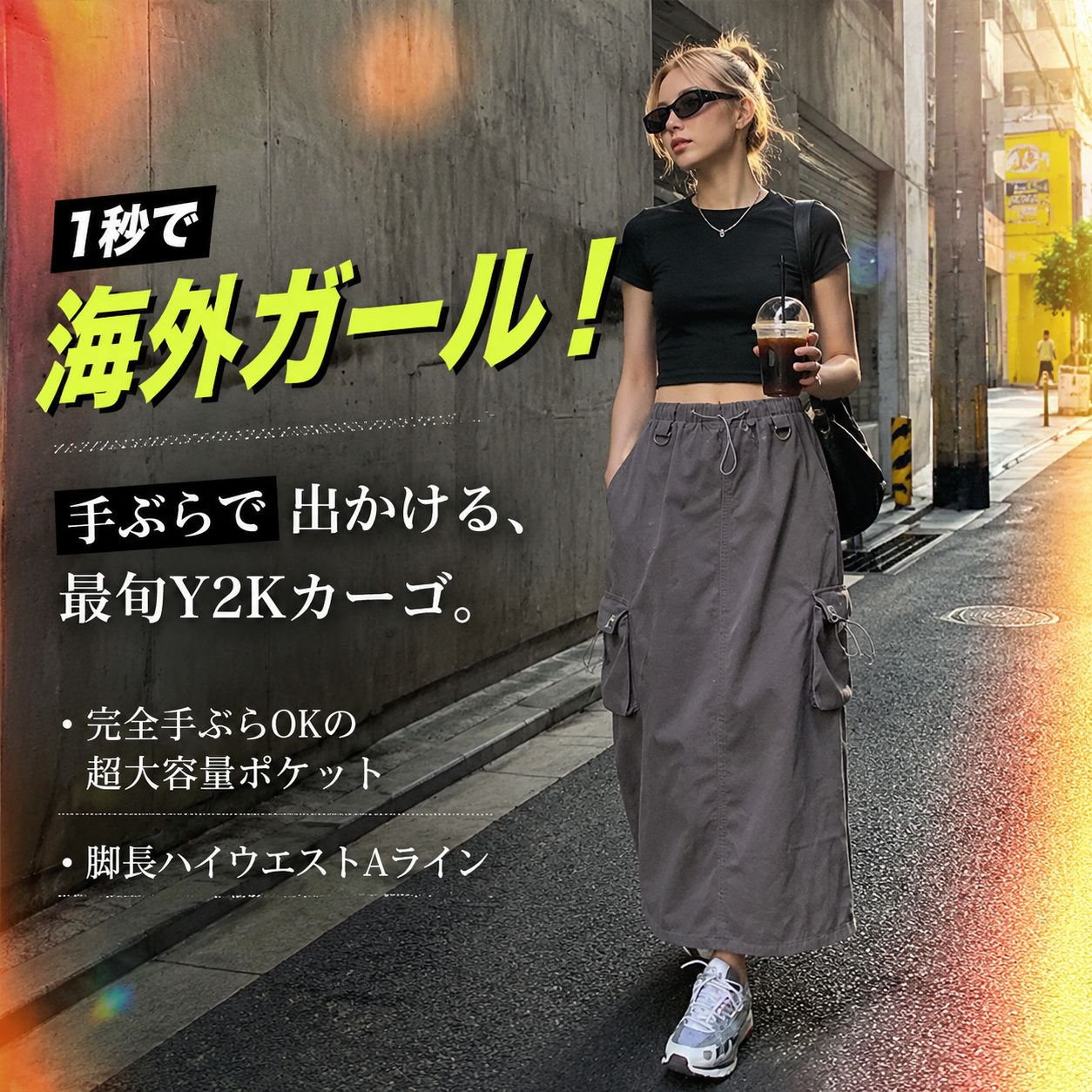 夏新作ハイウエストゆったりAラインブラックワークロングスカート