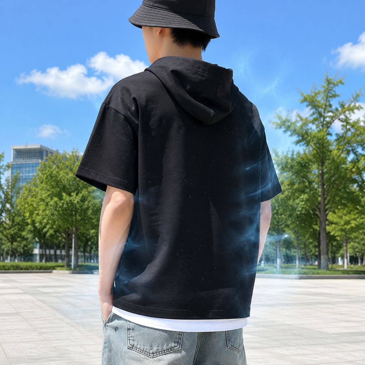 メンズゆったりストリートレイヤード風フード付き半袖Tシャツ 280gコットン 春夏新作