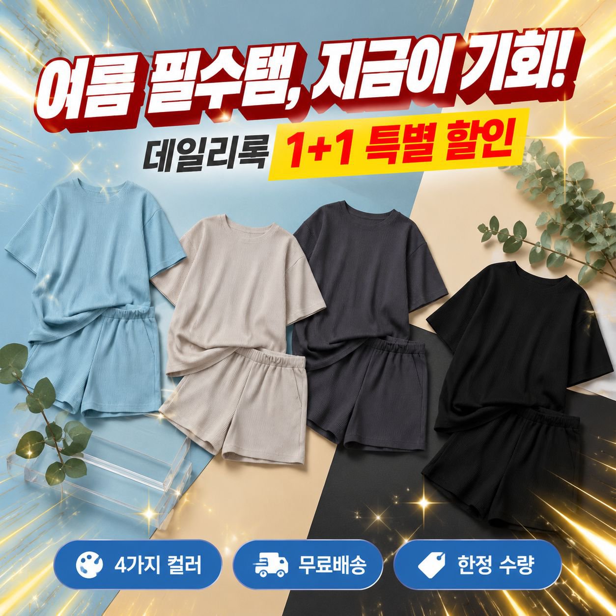 와이드핏 슬림핏 자수 반팔 반바지 세트