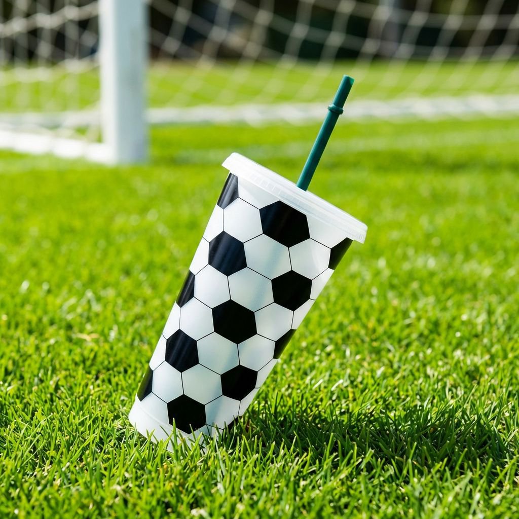 Soccer-print plastic cup with straw