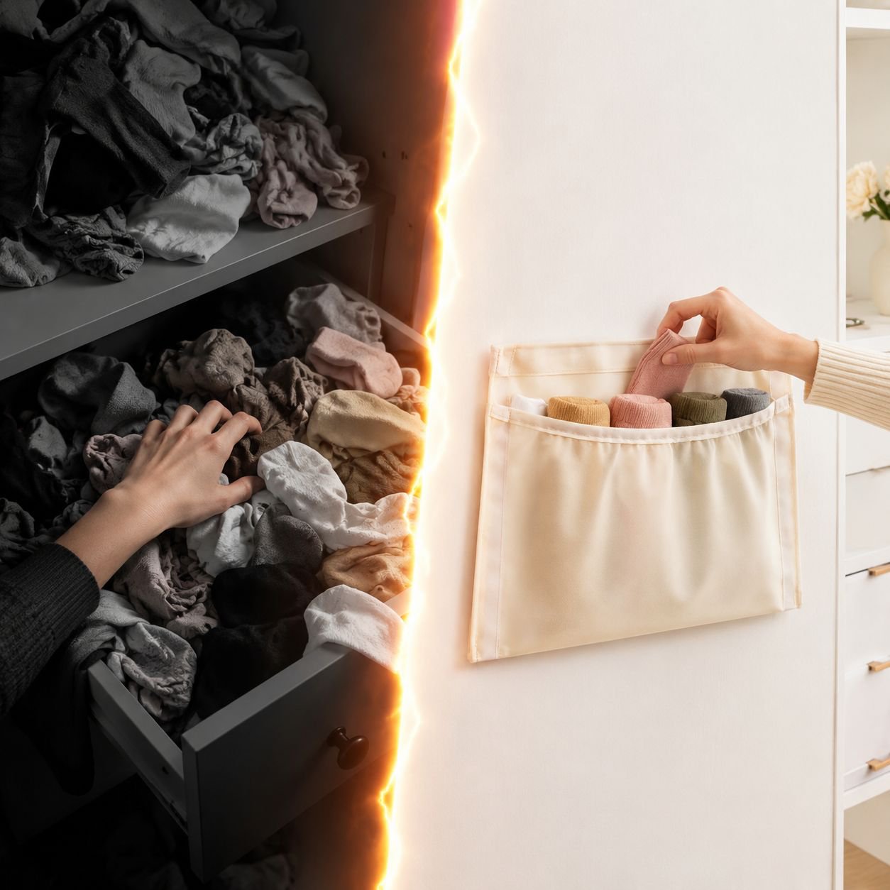 Sac à sous-vêtements en maille suspendu derrière la porte