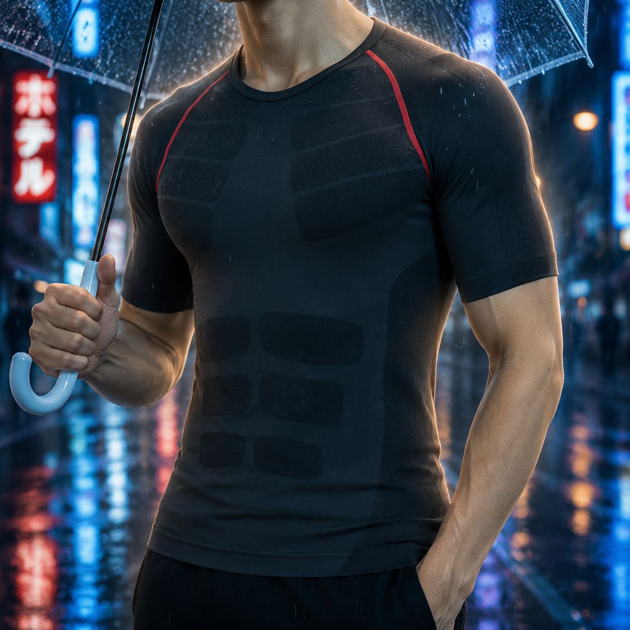ジムでトレーニングする男性と速乾Tシャツ