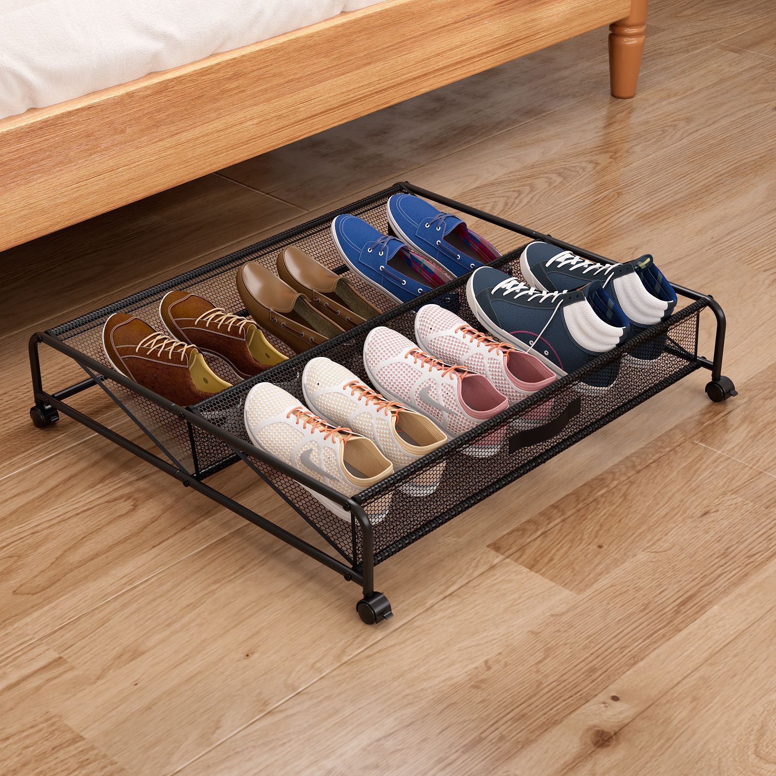 Rollbarer Aufbewahrungsrahmen für Schuhe unter dem Bett