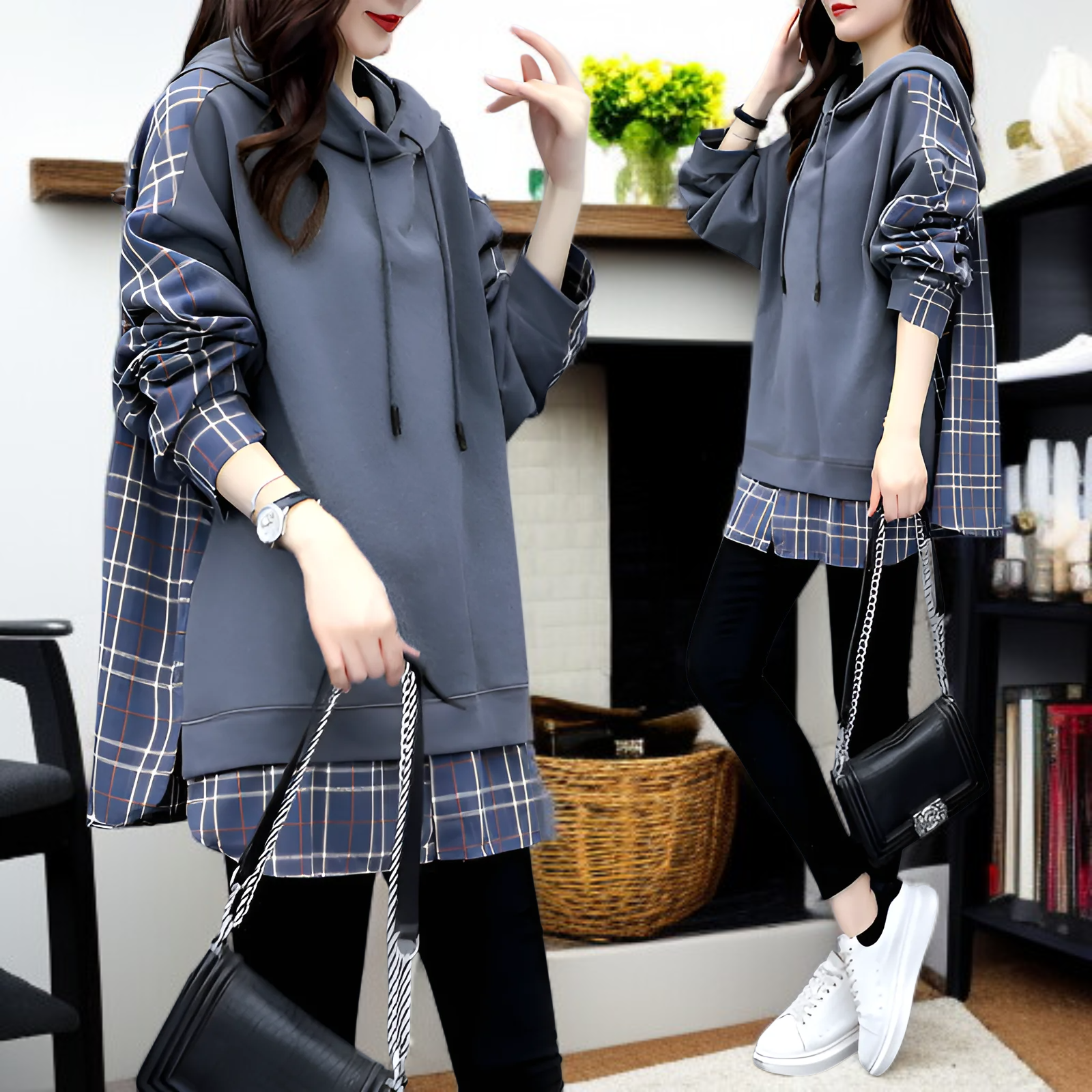 レディース チェック柄パッチワークフェイクツーピース 長袖スウェットシャツ 2025年春新作 ルーズフィット フード付き ミドル丈Tシャツ トップス