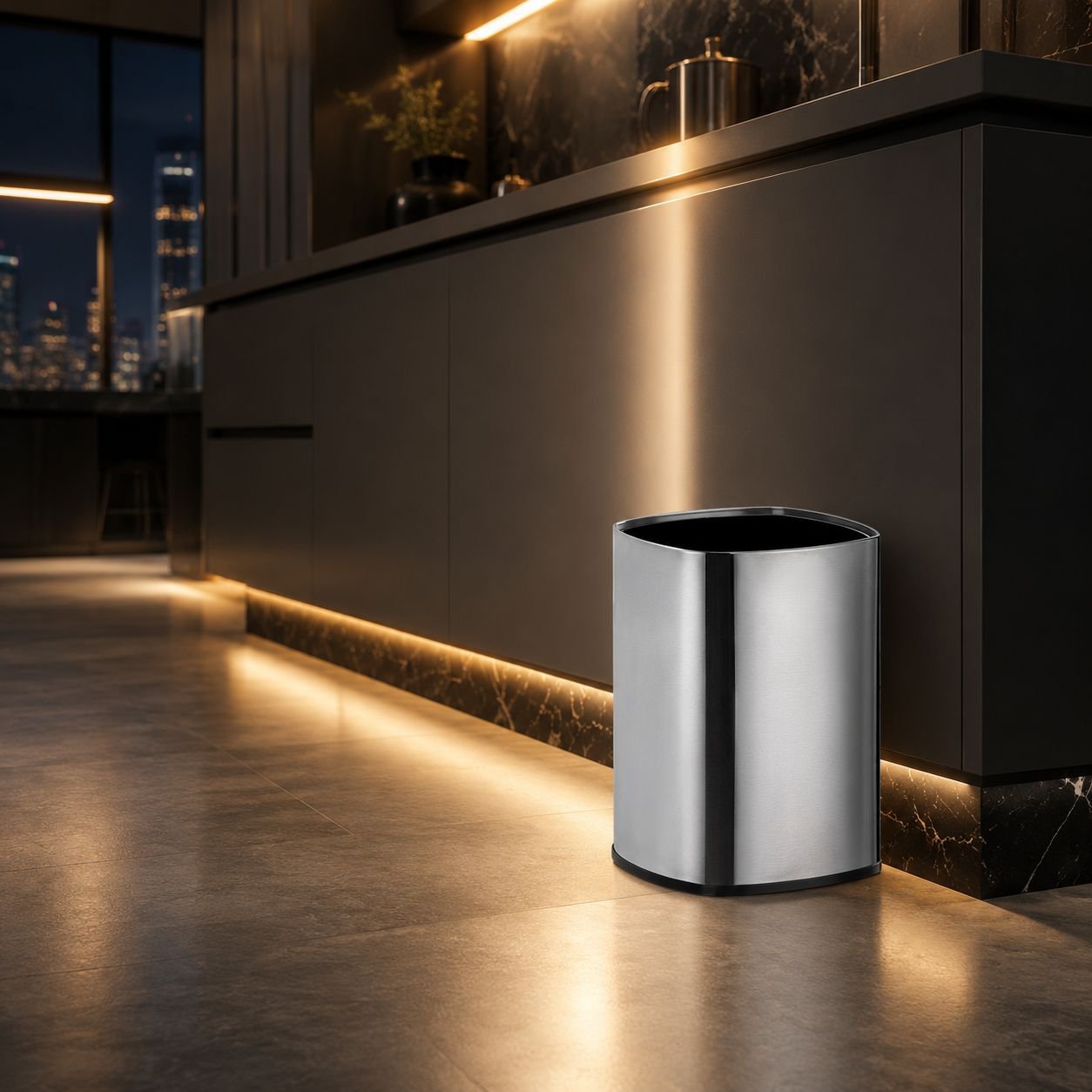 Space-saving trash bag storage bin for cleaners