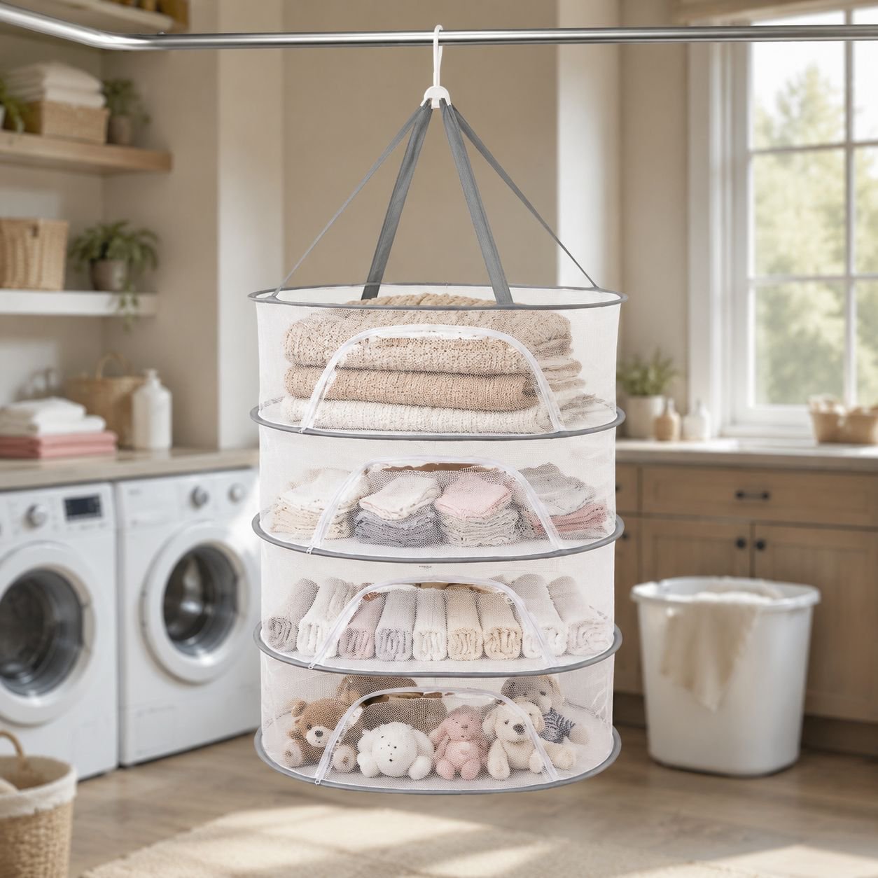 Laundry drying net basket with clothes inside