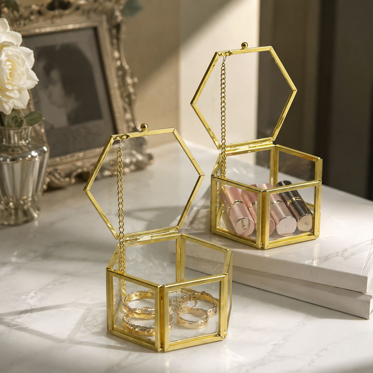 Elegant glass ring display box with gold frame