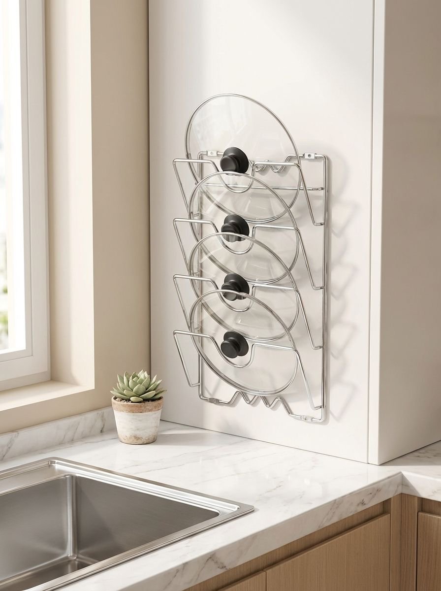 キッチンの壁に取り付けた鍋蓋ラック