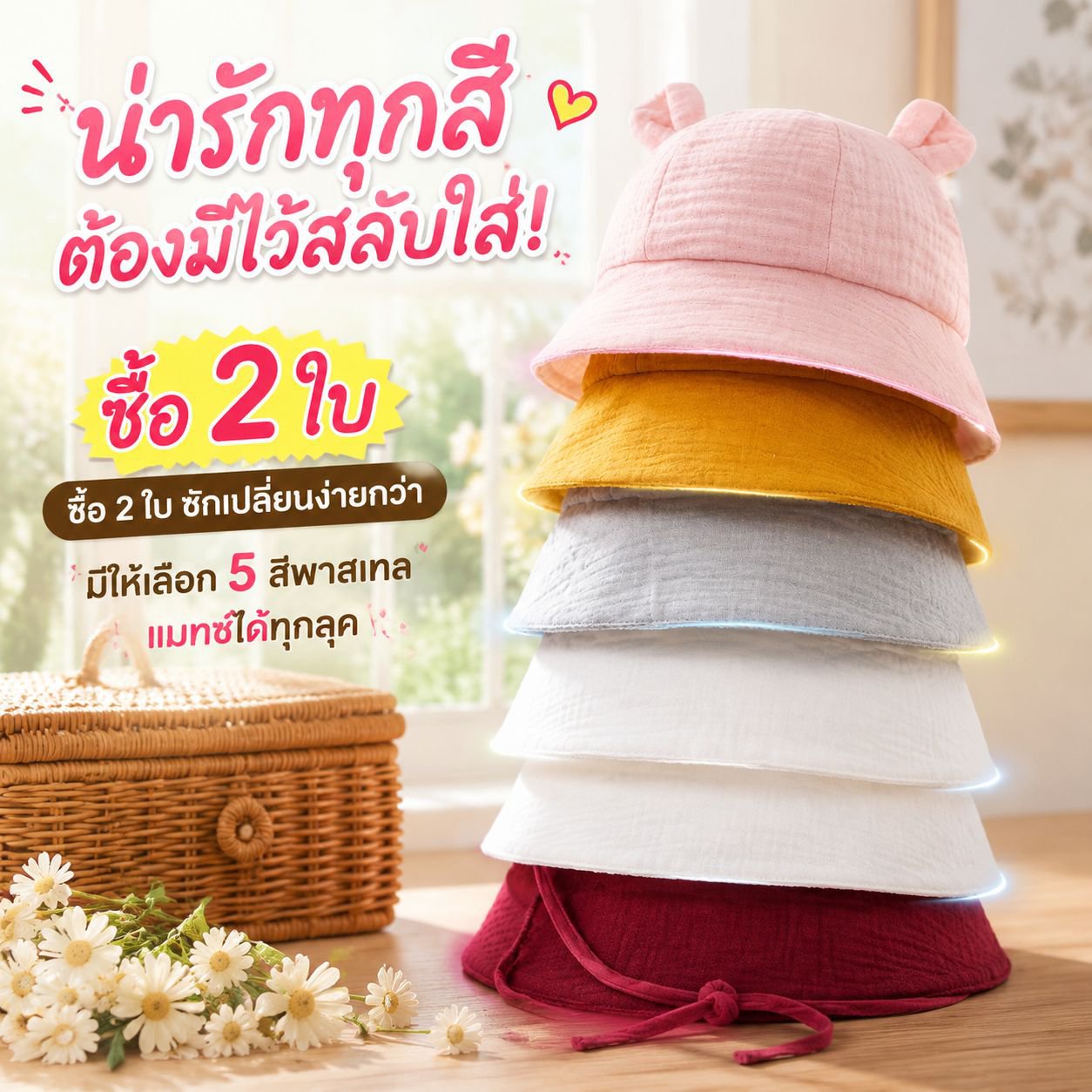 หมวกปีกกว้างเด็กทารก ผ้าฝ้ายแท้ ทรงหูกระต่าย หมวกกันแดด