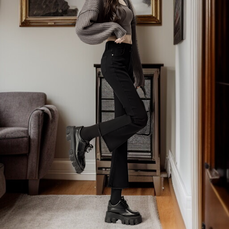 韓国バージョン小柄女性向けハイウエストジーンズ着用例