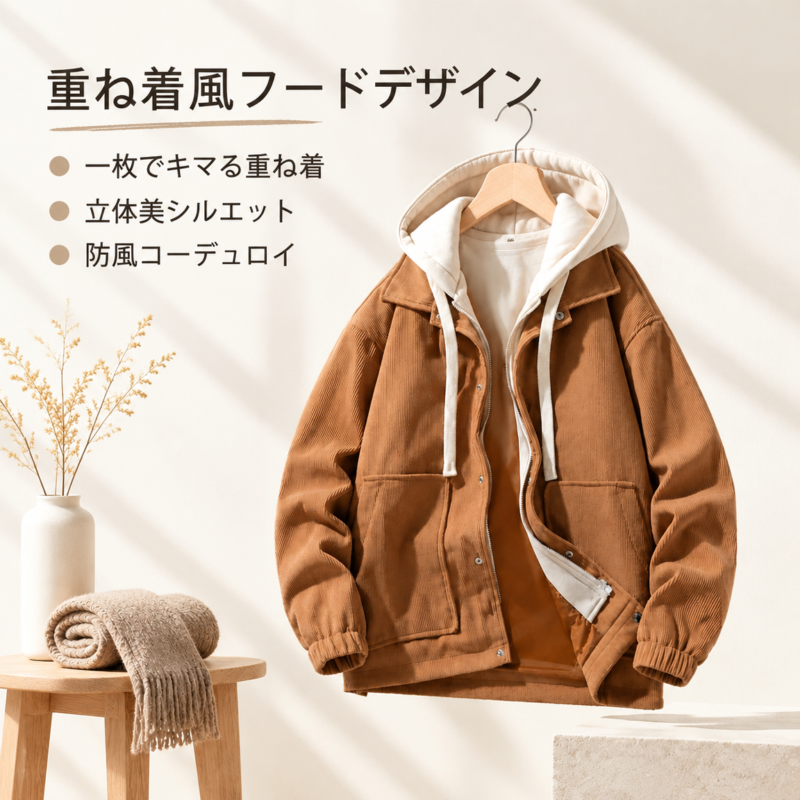 和風のおしゃれなカップル用コーデュロイフード付きジャケット、秋冬用、フリース裏地付きで厚手、メンズのフェイクツーピーススウェットシャツ、香港スタイルのジャケット。