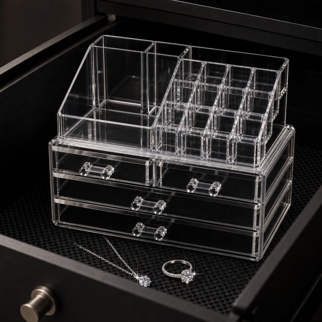 Spacious cosmetic storage box with handle