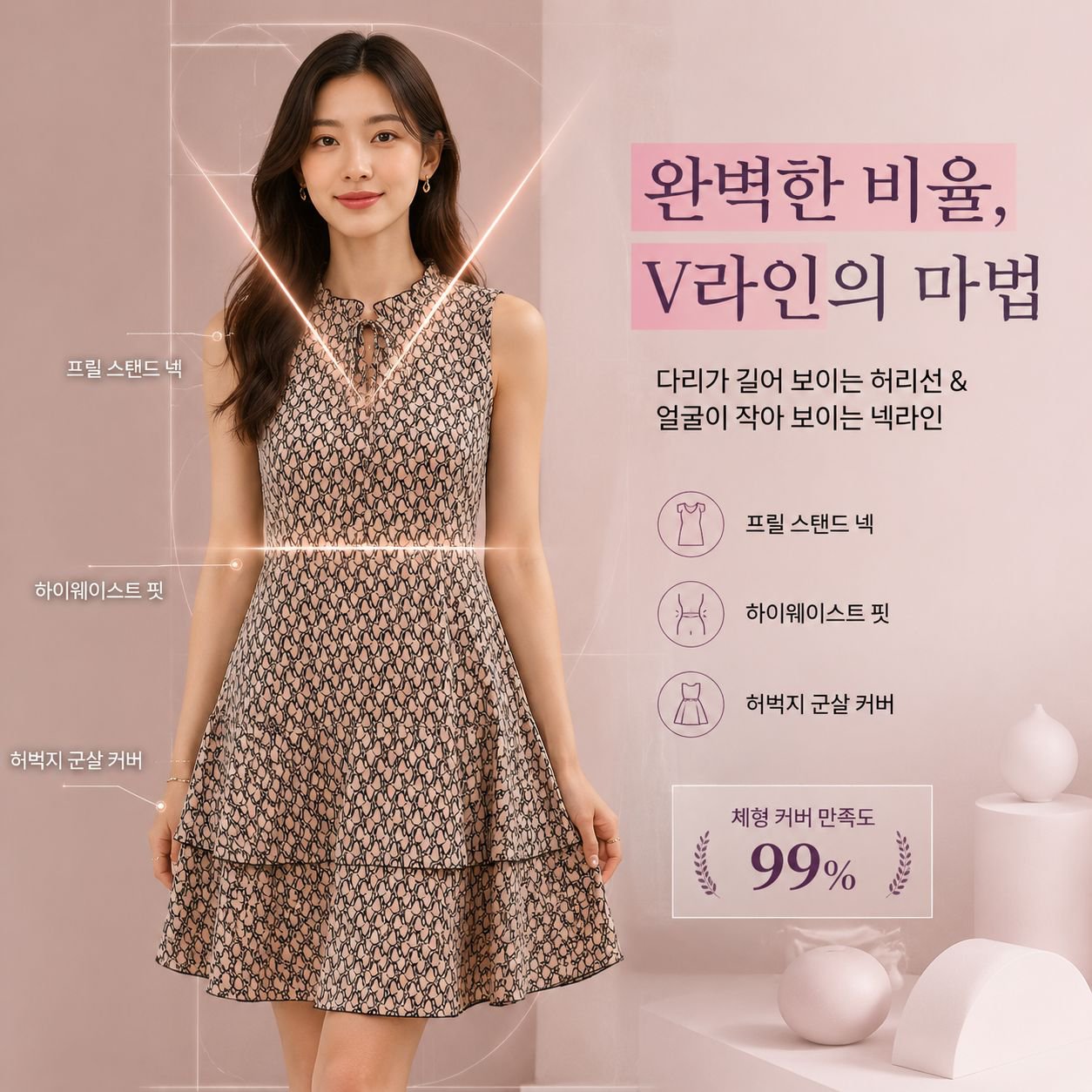 패션 레이스 프린트 리본넥 원피스