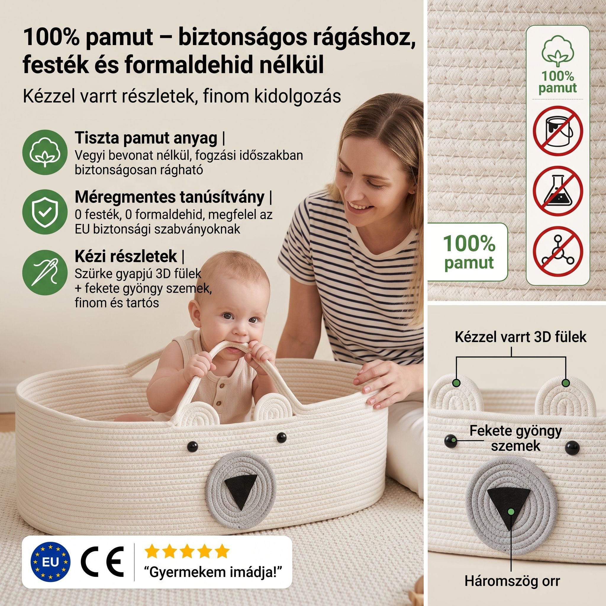 Baba pamutzsinórból font tárolókosár aranyos rajzfilm stílusú újszülött bölcső