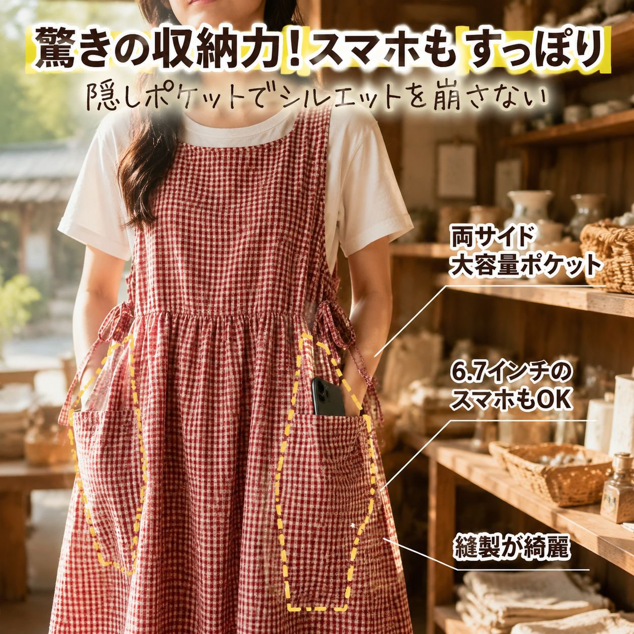 文芸風綿麻チェックワンピース