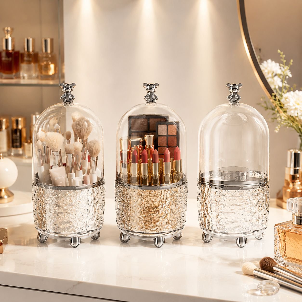 Transparent light luxury desktop cosmetic organizer with rotating bucket