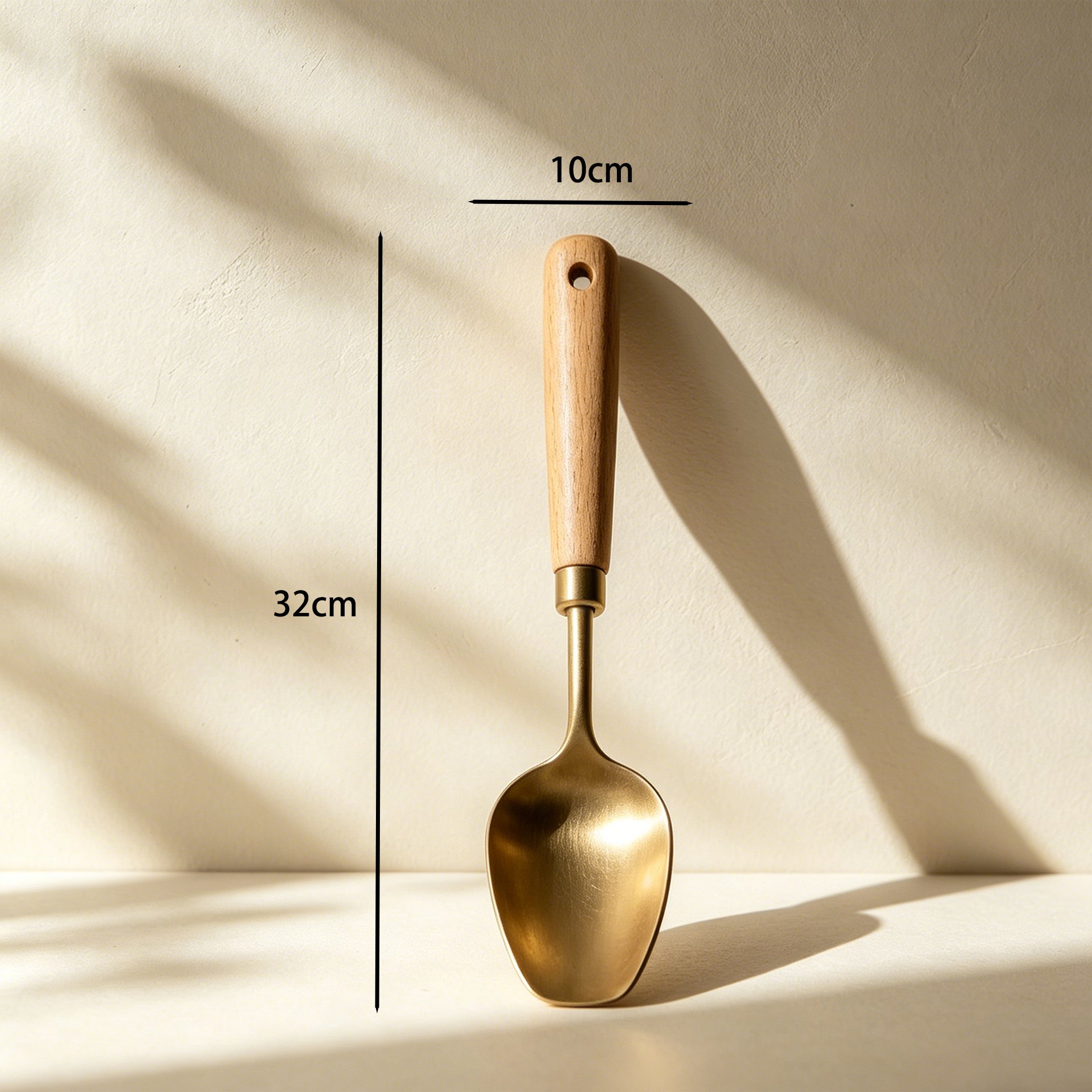 Closeup of wooden handle on brass ice scoop