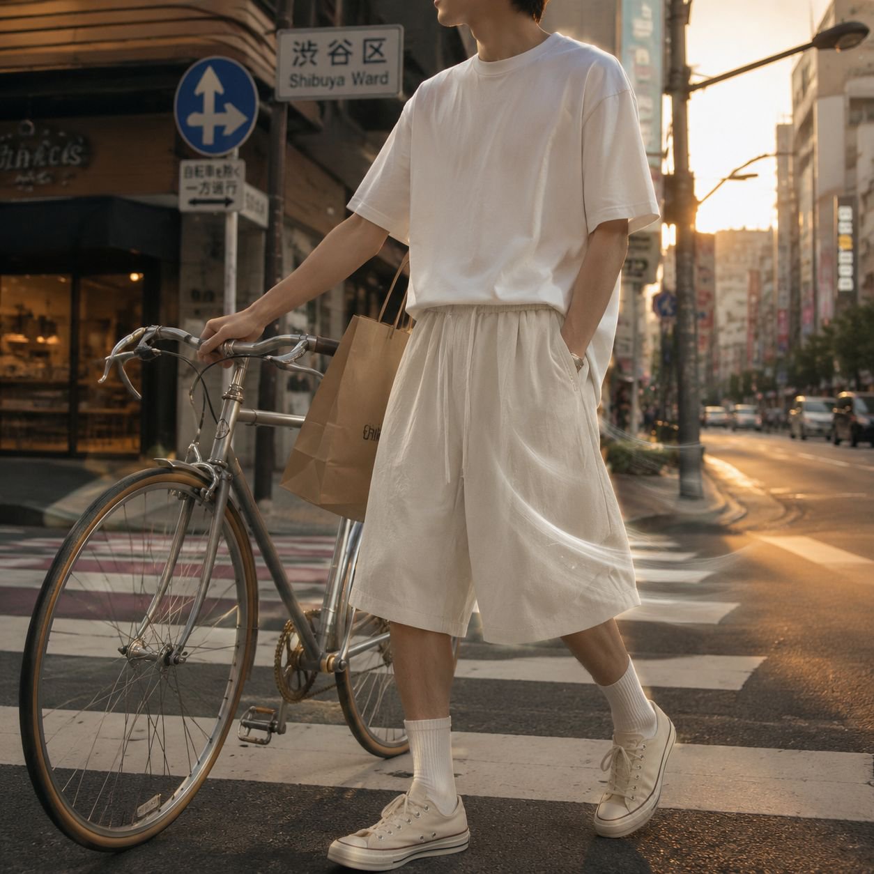 メンズリネン薄手五分丈ショートパンツ前面画像