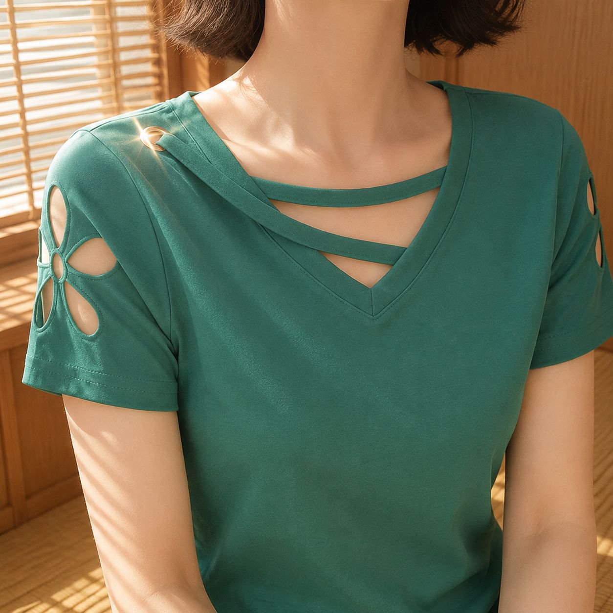 ゆったり刺繍入りVネック透かし彫り半袖Tシャツ レディース