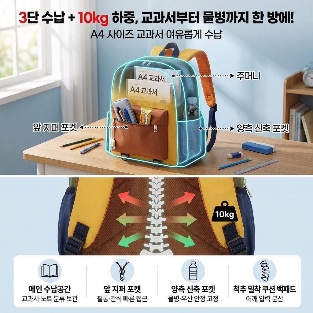 초등학생용 배색 경량 백팩 패션 통기성 남녀공용