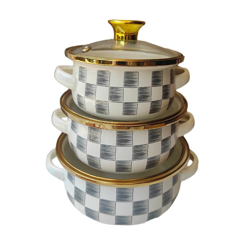 Enameled 3-piece Instant Noodle Pot Set, Gray and White Checkered Flat Bottom Double Handle