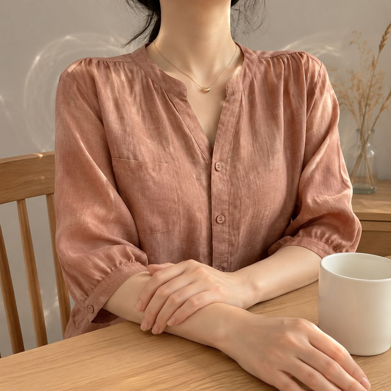 심플 단색 모시 V넥 반팔 셔츠 여성 여름 신상