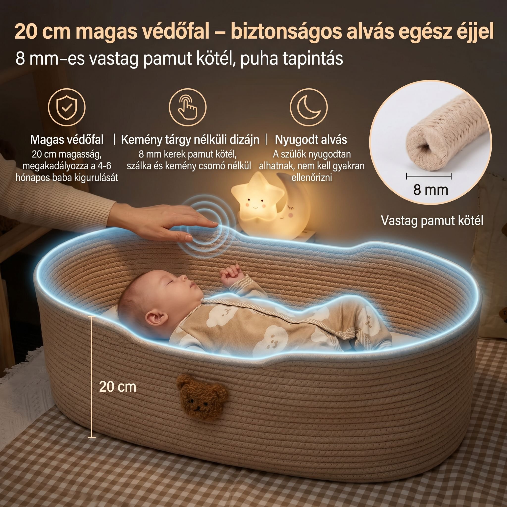 Baba pamutzsinórból font tárolókosár aranyos rajzfilm stílusú újszülött bölcső