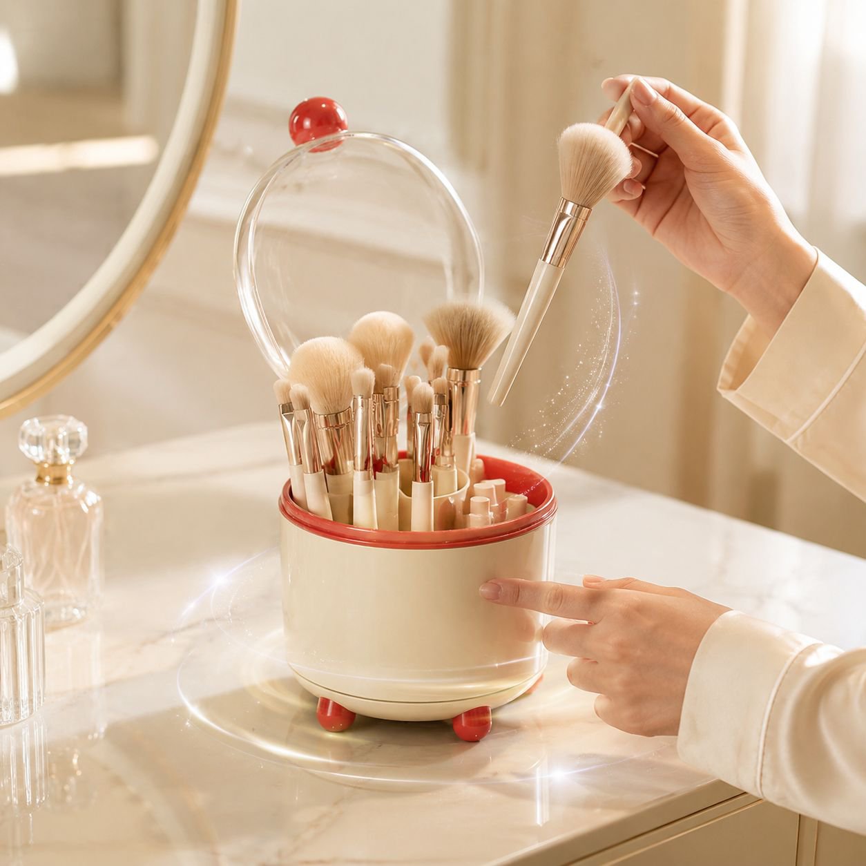 Modern desktop organizer for lipsticks, brushes, and creams