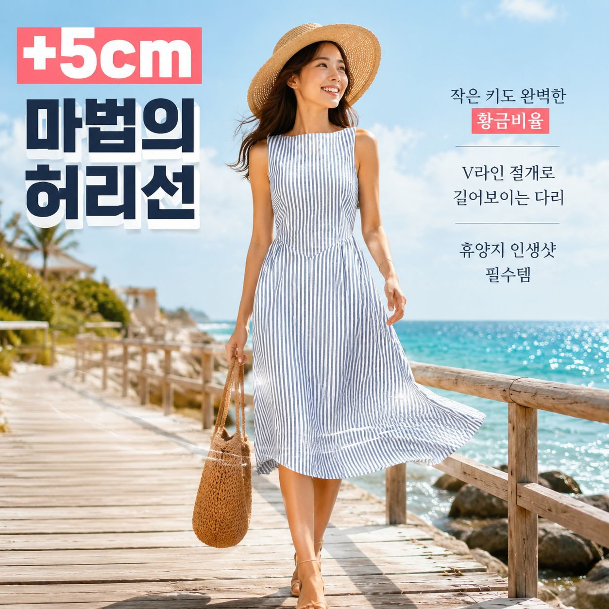 바캉스 감성 우아한 프린세스 스타일 세로 스트라이프 원피스