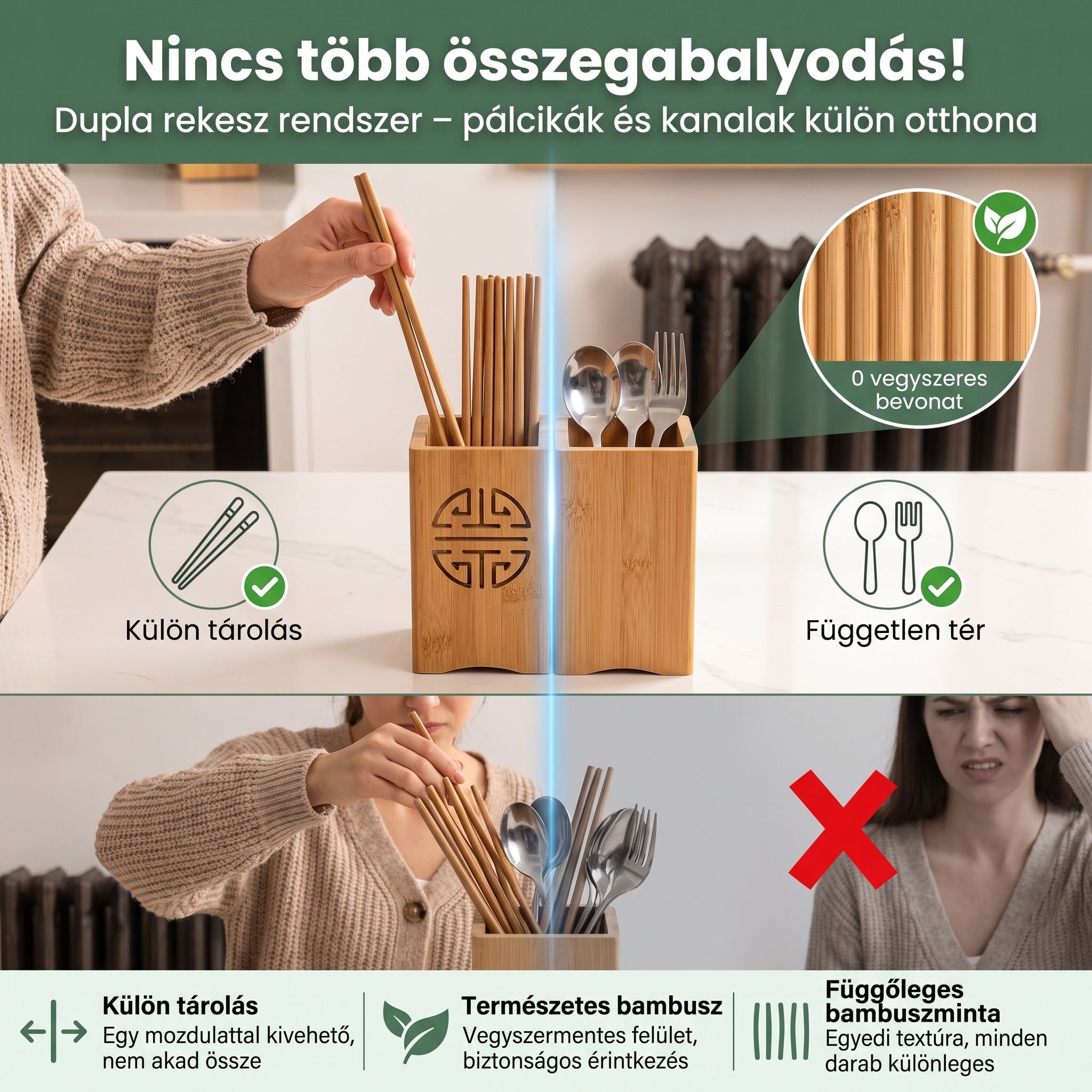 Háztartási bambusz evőpálcika csepegtető tárolódoboz