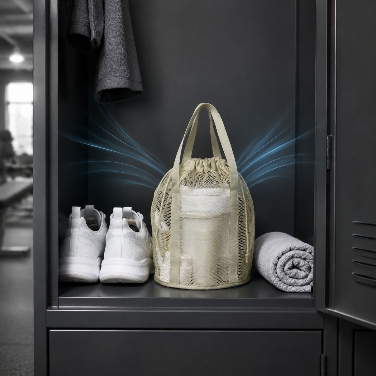 Compact mesh storage bag on bathroom shelf