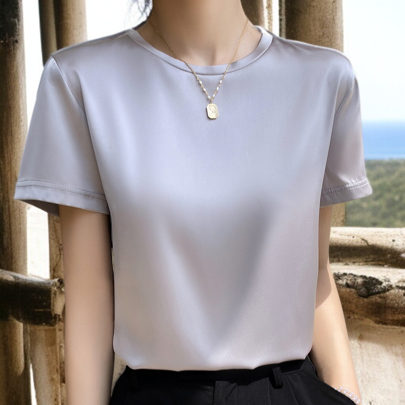 여하 루즈핏 뽕나무 실크 새틴 티셔츠 여 반팔 라운드 반팔 여름 여복 레깅스 아세트산 새틴 티셔츠