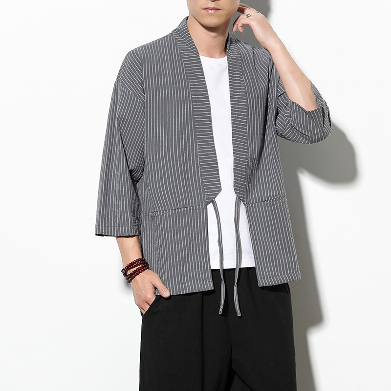 メンズストライプ綿麻カーディガン