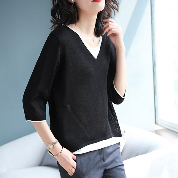 เสื้อยืดถักคอvแบบสองชิ้นปลอม