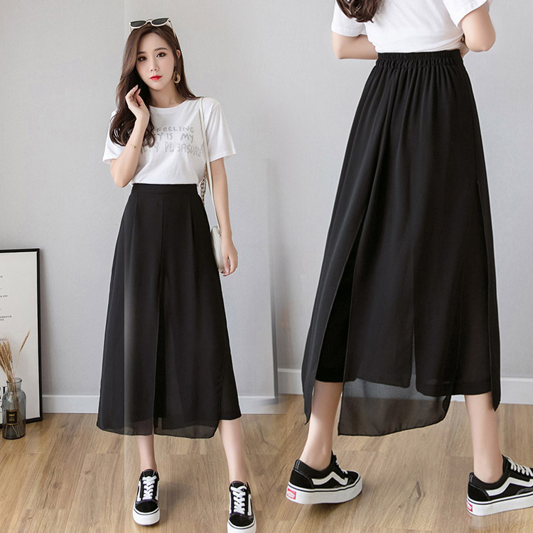 กางเกงขากว้างผ้าชีฟองสองชิ้นปลอม