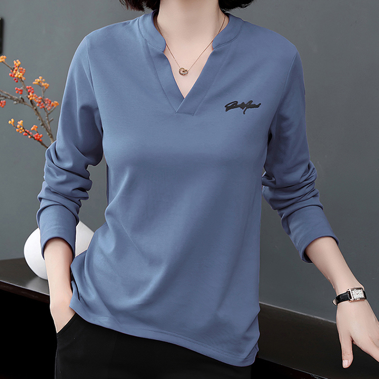 V領純棉寬鬆女士長袖T恤