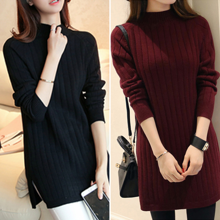 เสื้อไหมพรมคอเต่าผ่าข้างรุ่นยาวปานกลาง