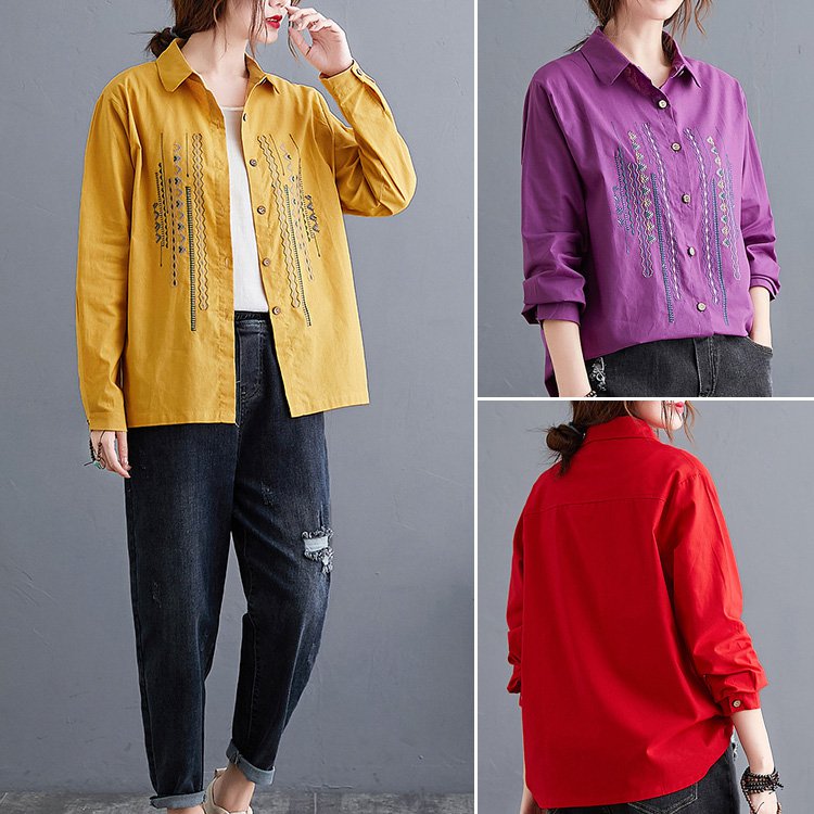 เสื้อเชิ็ตแขนยาว  คอพับ  ผ้าคอตตอนลินินปัดลาย ทรงหลวม