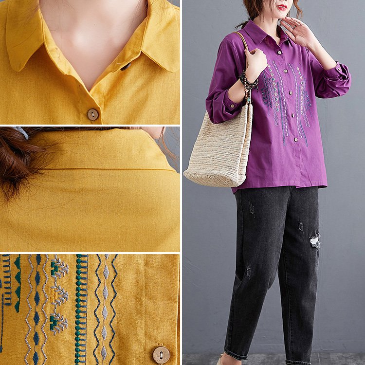 เสื้อเชิ็ตแขนยาว  คอพับ  ผ้าคอตตอนลินินปัดลาย ทรงหลวม